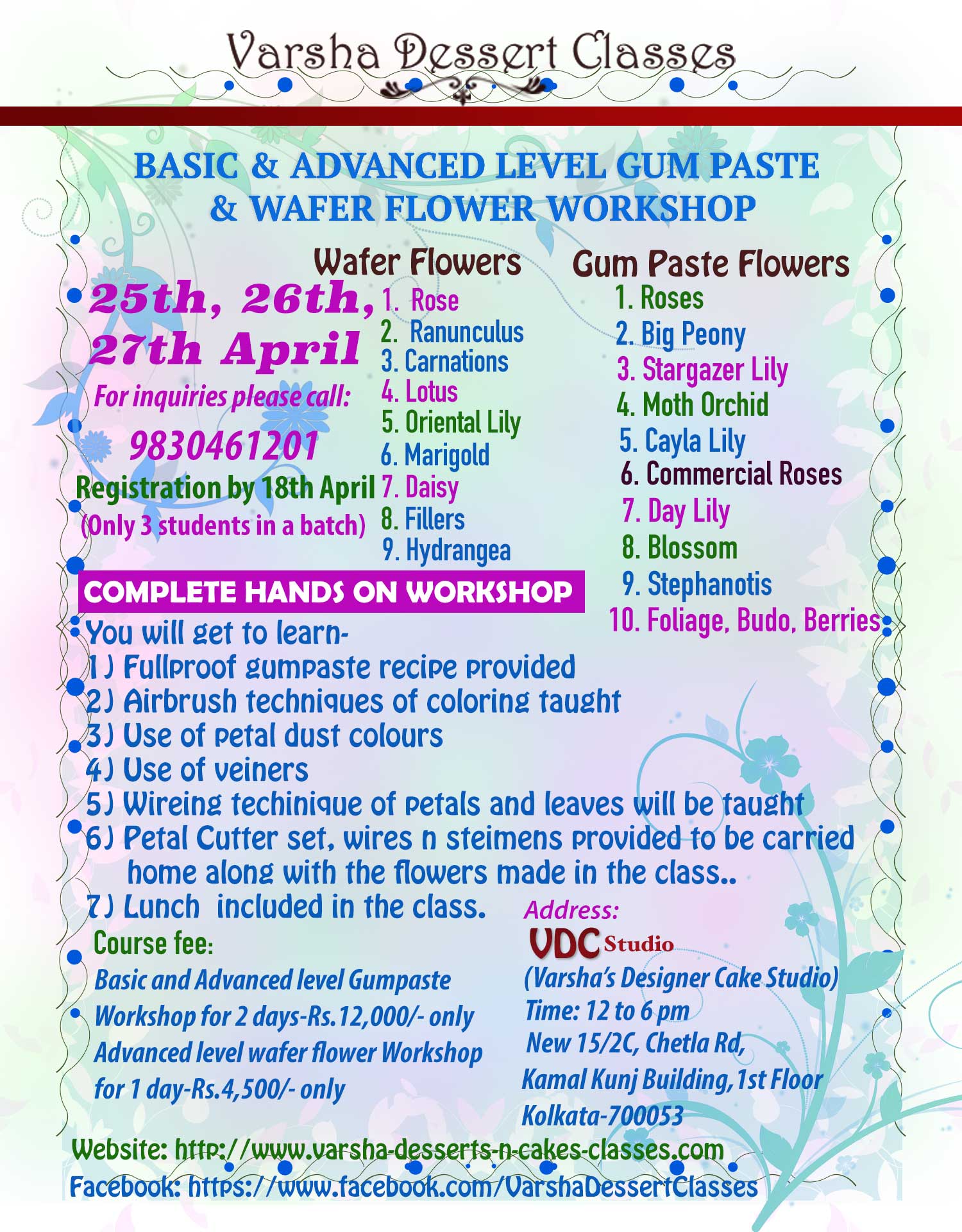Advanced Level Gum Paste & Wafer Flower Workshop on 25th, 26th, 27th April